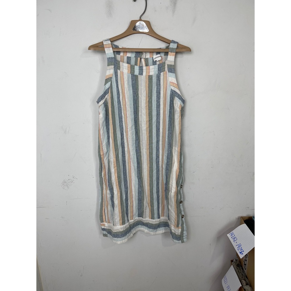 Forcynthia Linen Blend Striped Shift Dress XL Sleeveless Side Button Multi-Color